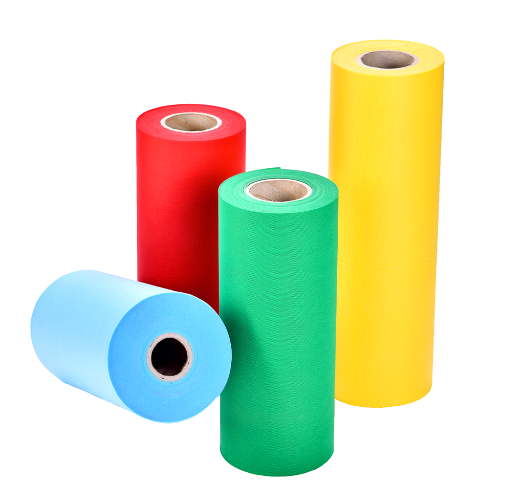 Close-up roll of white/blue/green/yellow/red PP spunbond nonwoven fabric which made of 100% virgin PP and used for single-cup coffee.