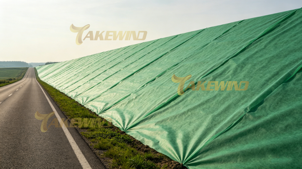 Green non-woven fabric weighing 15–45 g/m² serves a dual purpose: it prevents rainwater from eroding the hillside soil while remaining permeable to air and sunlight, thereby protecting seeds, facilitating their rapid germination, and safeguarding the slope.