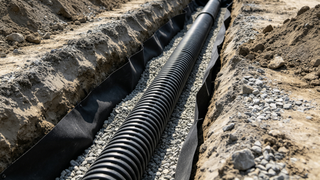 This image illustrates a non-woven geotextile filter fabric wrapped around a perforated pipe, designed to prevent soil clogging. Non-woven fabrics enjoy immense popularity in infrastructure construction projects throughout the Middle East.