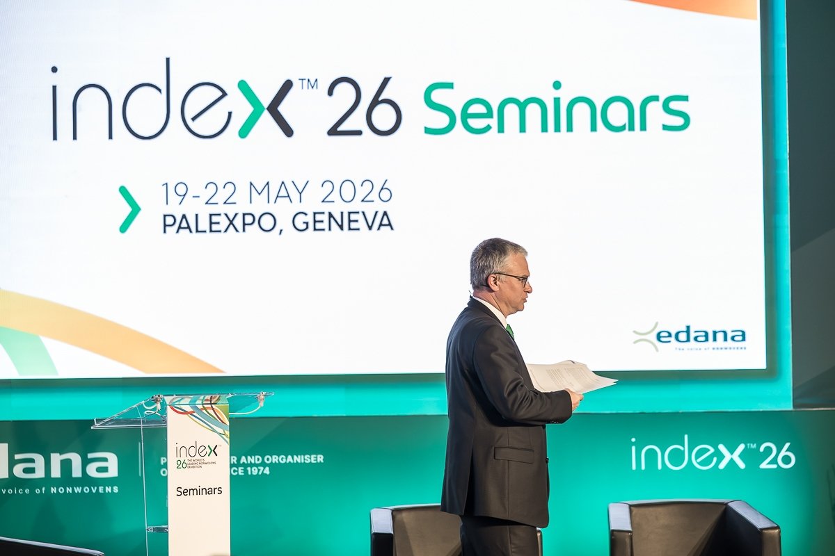 INDEX26 Geneva exhibition live seminar with experts discussing sustainable nonwovens becoming the absolute mainstream in the industry