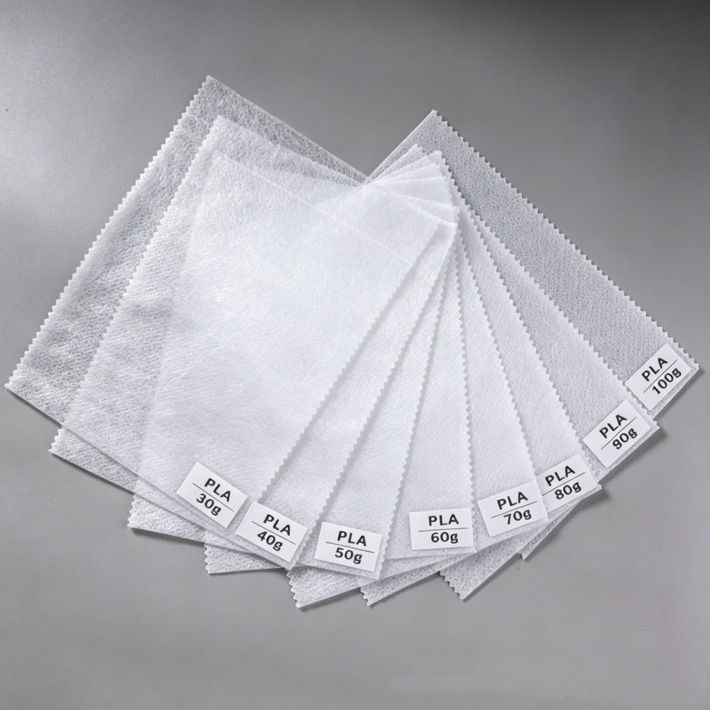 This biodegradable and sustainable white non-woven fabric—ranging from 30g to 100g and produced from PLA fibers—is an eco-friendly material.