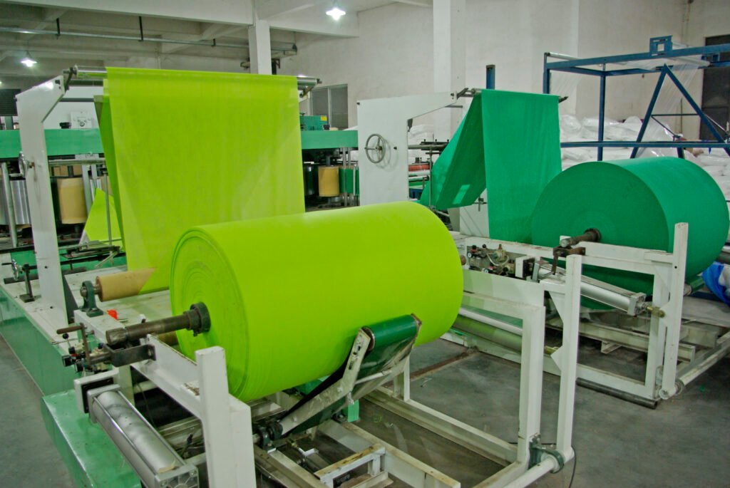 This is the production workshop at Takewind Nonwoven Company in China, where two nonwoven bag production lines are currently manufacturing yellow and green eco-friendly bags suitable for use as eco-shopping bags or coffee bags.