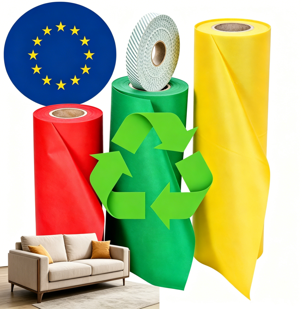 EU Green Deal mandates recycled circular non-woven fabric for sofa supply chain - EU flag and recycle arrows overlaying non-woven representing compliance certification