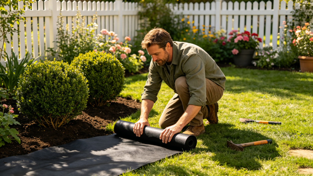 A European homeowner lays down black weed-suppressing non-woven fabric in his garden to prevent weed growth and enhance the garden's aesthetics.