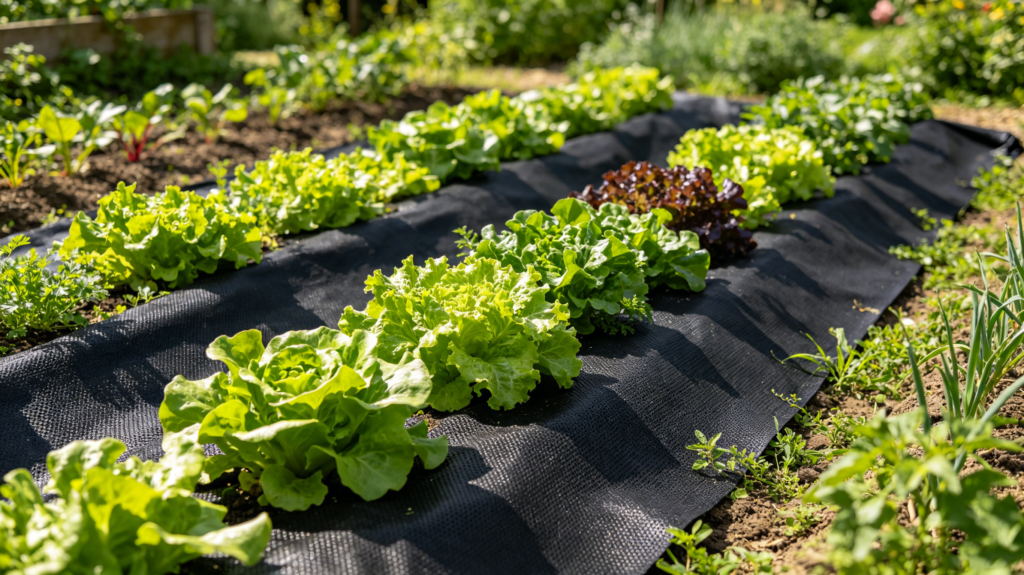 A home garden with black nonwoven weed control fabric laid between vegetable rows, suppressing weeds while allowing water and air to pass through