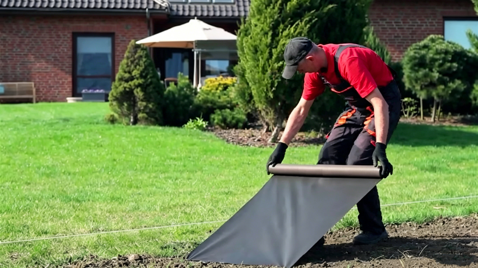 A European farmer laying black small-roll nonwoven weed control fabric in his home garden, using both hands to unroll the fabric with ease, demonstrating the lightweight and easy-handling features of the small roll product.