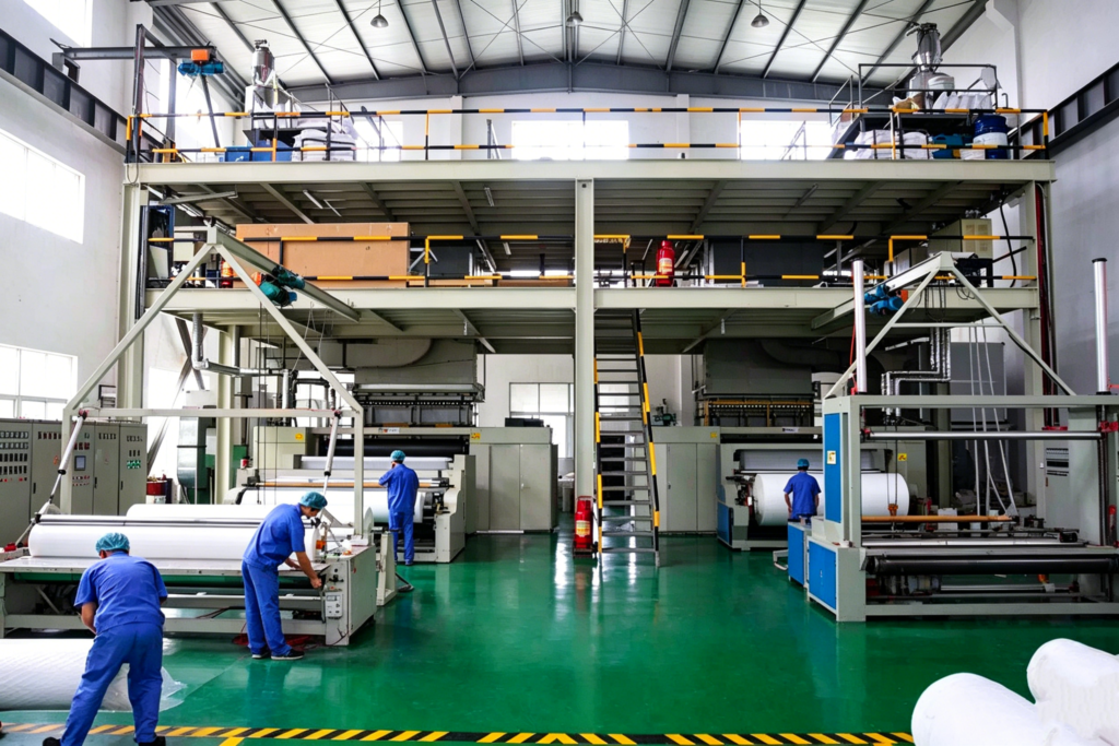 This is the production workshop at China's Takewind Nonwoven Factory, where two high-speed nonwoven production lines are manufacturing white nonwoven fabric; several staff members, clad in work uniforms, are at work within the workshop.