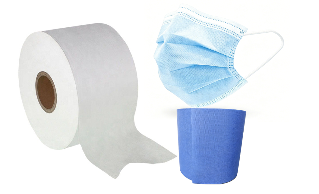 These are disposable masks and mask materials, including blue PP spunbond non-woven fabric, white PP spunbond non-woven fabric, and white PP meltblown non-woven fabric.