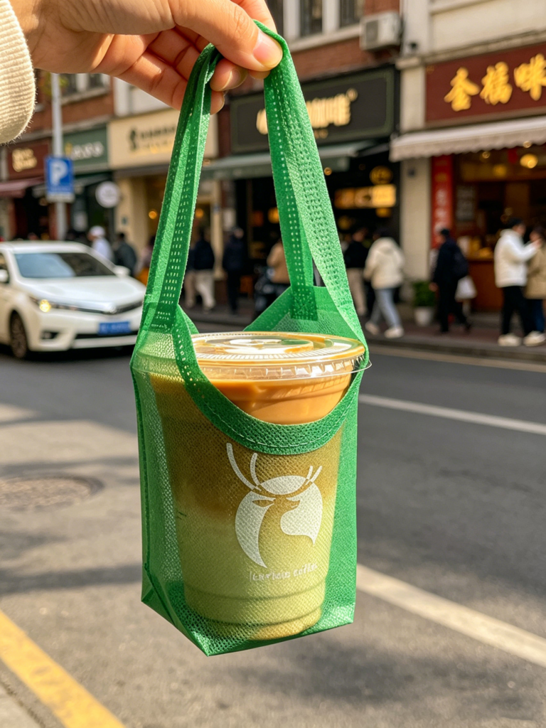 This coffee is presented in a green PP non-woven single-cup carrier bag, embodying an eco-friendly philosophy and making it convenient for consumers to take their hot coffee on the go.