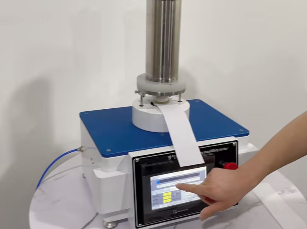 Air permeability tester measuring airflow through nonwoven fabric
