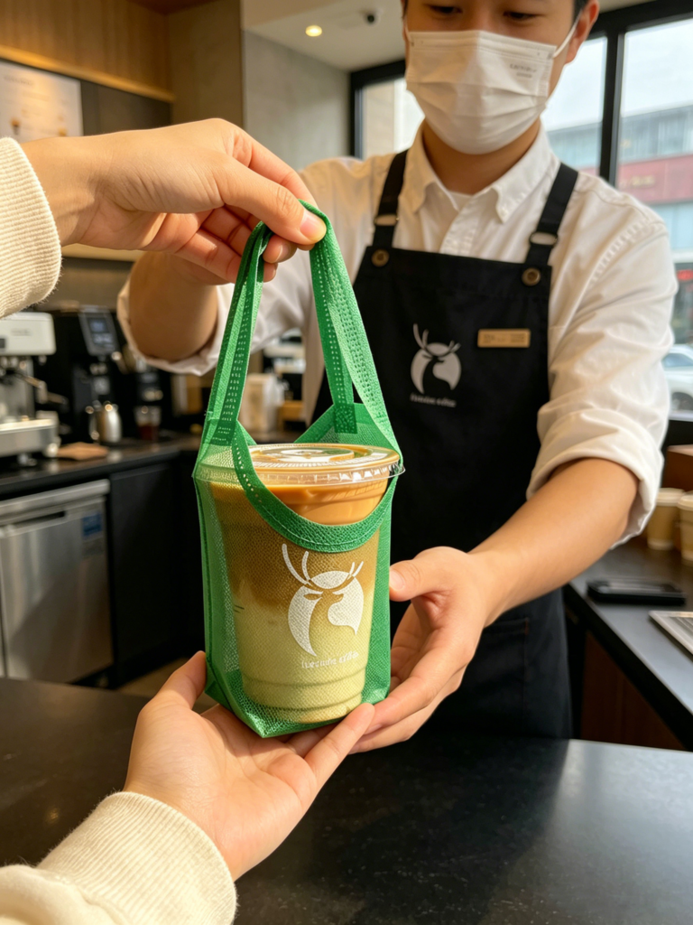 Barista handing a takeaway coffee in a PP nonwoven mesh carrier to a customer in a café