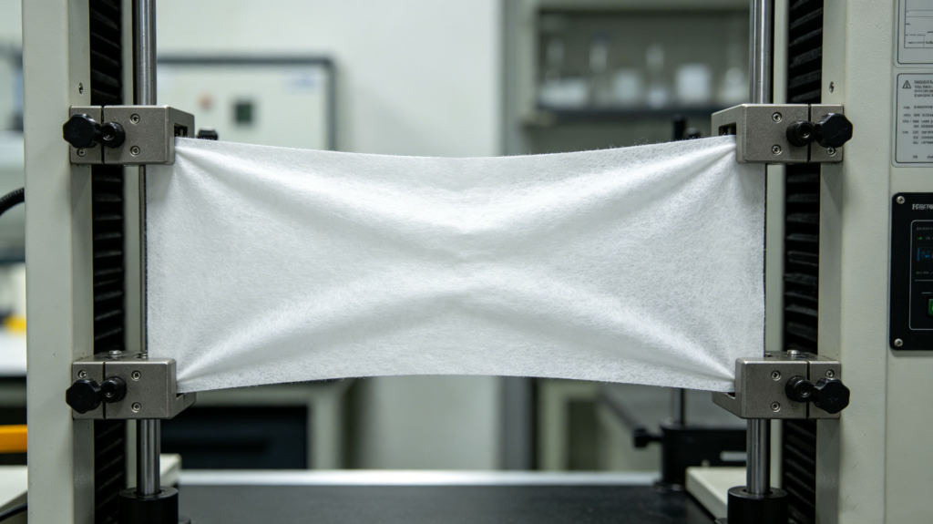 Tensile strength testing machine pulling a nonwoven fabric strip until break