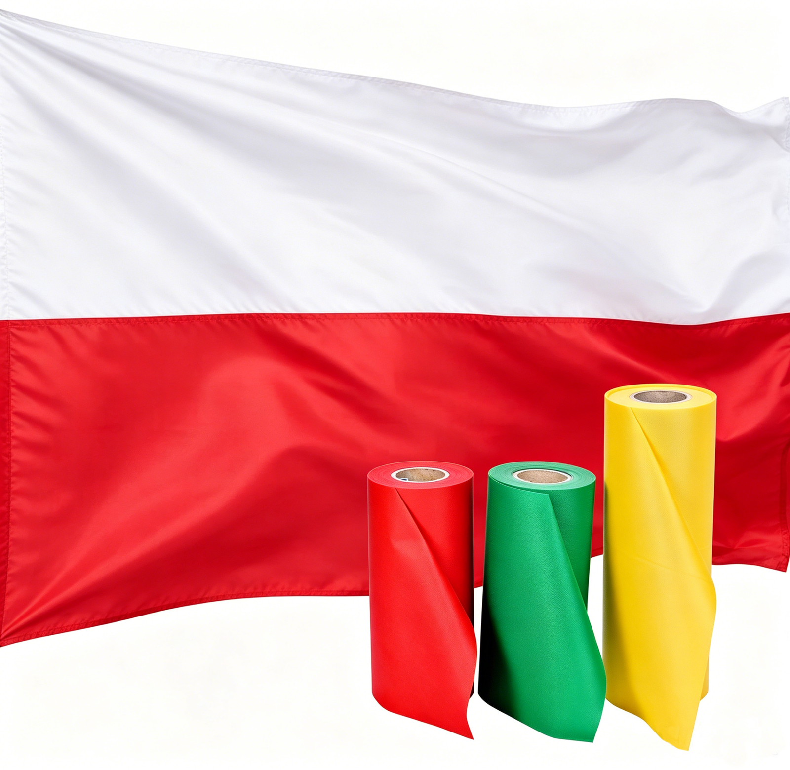 Poland flag background with red green yellow non-woven fabric rolls.Poland is a global hub for furniture manufacturing and has an immense demand for non-woven fabrics for sofas.