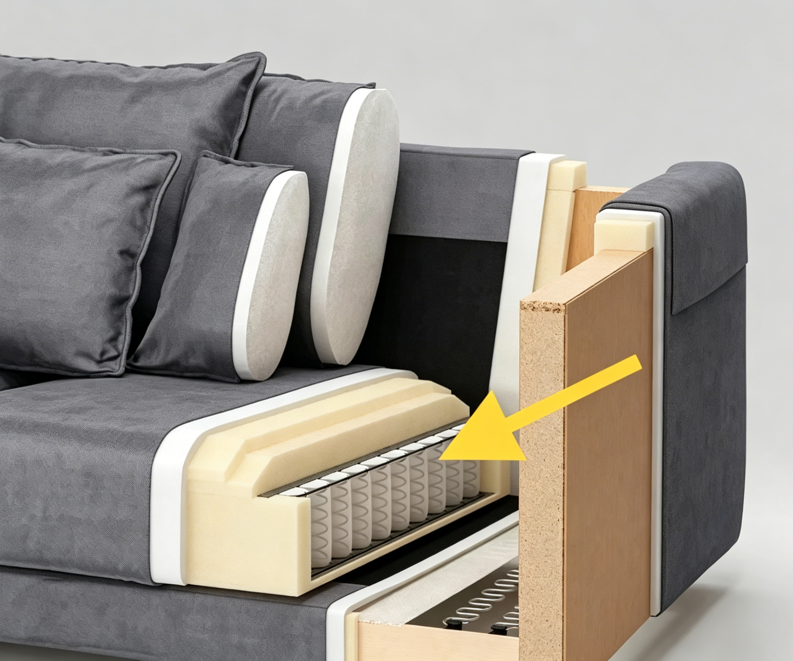 exploded view of sofa internal structure showing nonwoven fabric wrapped pocket springs and nonwoven fabric used as sofa bottom cloth together with upholstery fabric and foam layers
