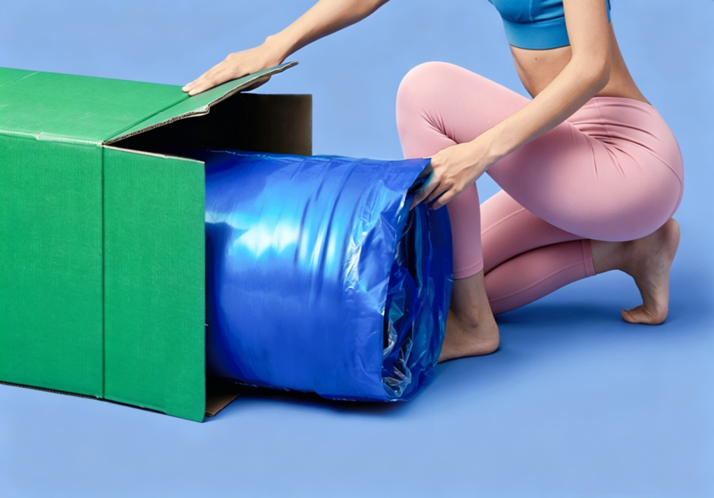 A rolled mattress, wrapped in blue PE film, is being manually loaded into a green mattress carton.