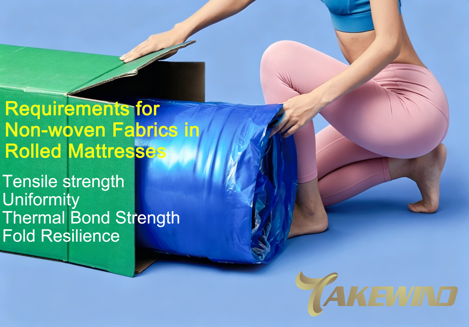 A female staff member squats on the floor, poised to place a compressed, rolled mattress—already wrapped in packaging—into a green cardboard box; this demonstration illustrates the mattress rolling and packaging process, as well as the practical requirements for the non-woven fabric's tensile strength and heat-seal strength.