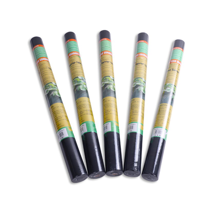 This is a display of five small rolls of black weed barrier fabric, suitable for use in gardens, vegetable patches, greenhouse cultivation, and landscaping.