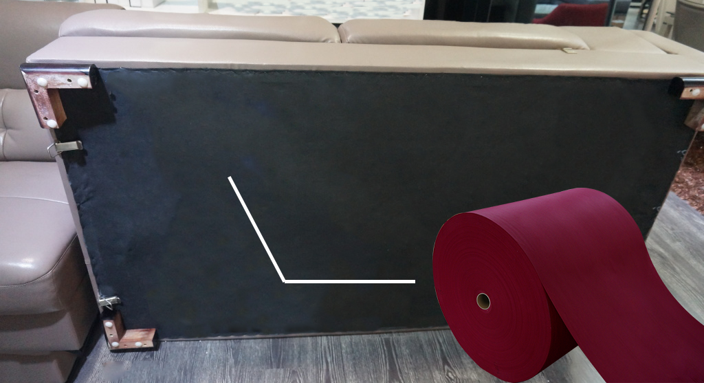 Red and black rolled non-woven fabrics are commonly used as sofa bottom cloths. The image illustrates the underside of a sofa utilizing black non-woven fabric.