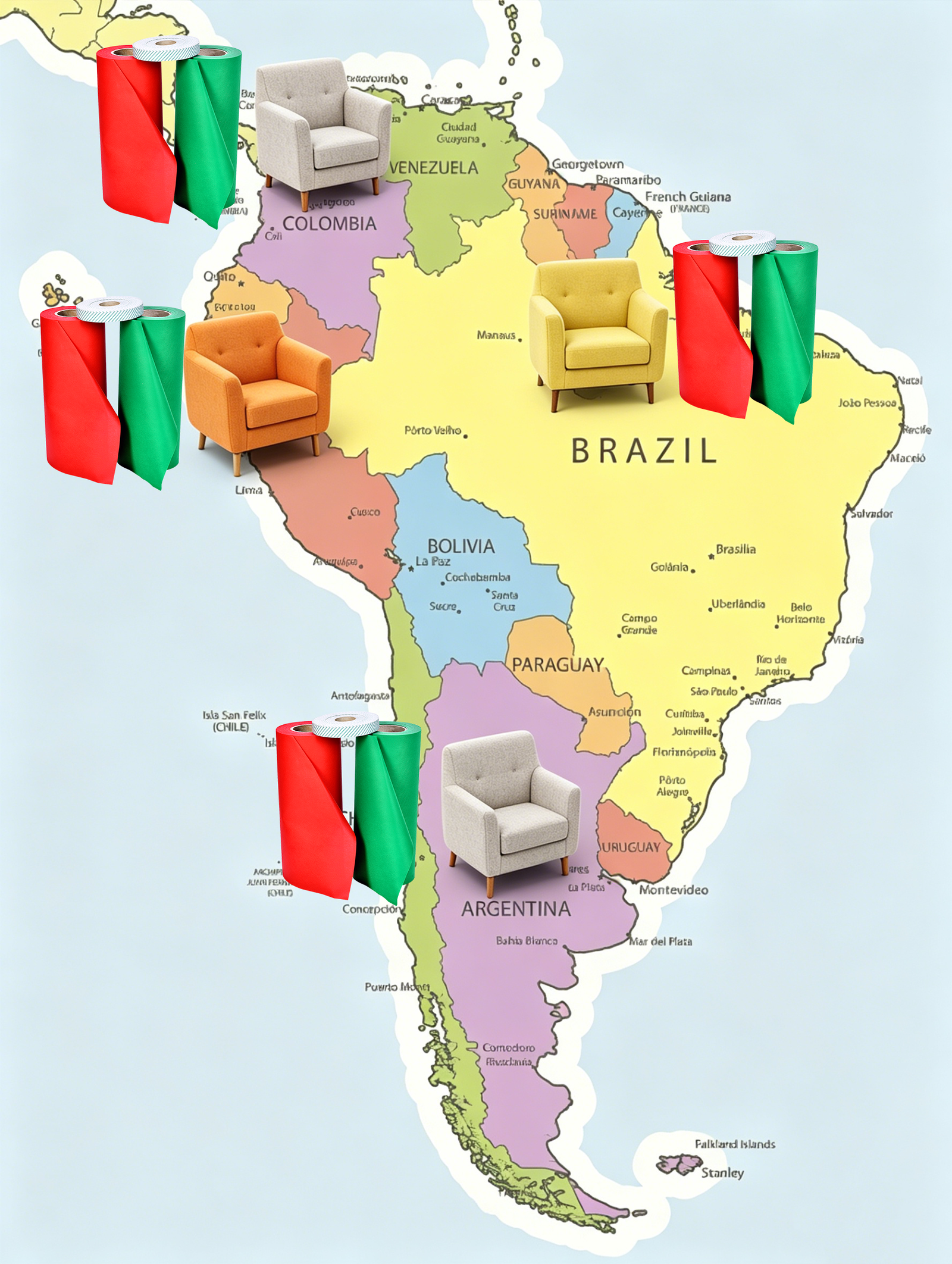 Map of South America with nonwoven fabric roll icons highlighting mattress and sofa nonwoven import demand growth in Brazil, Argentina, and Chile