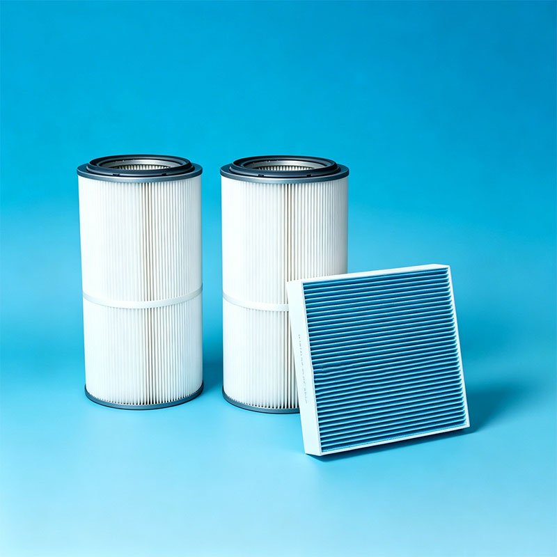 Two cylindrical pleated filter cartridges and one square pleated filter element made of PET spunbond nonwoven fabric for air, water, oil filtration applications