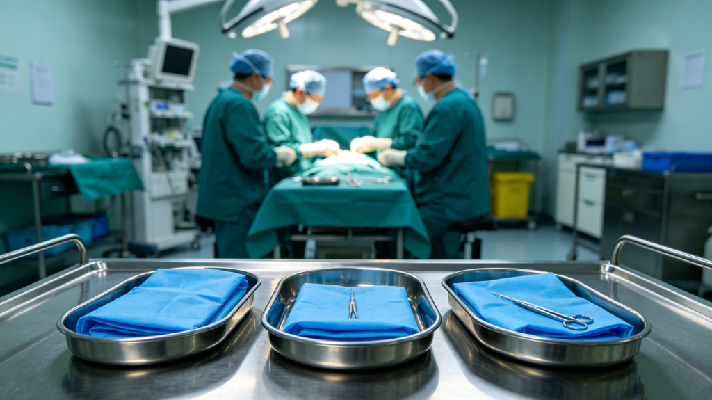 Sterile blue SMS non-woven wrapped surgical instrument kits in stainless steel trays on an operating room table, with surgeons performing surgery in the background