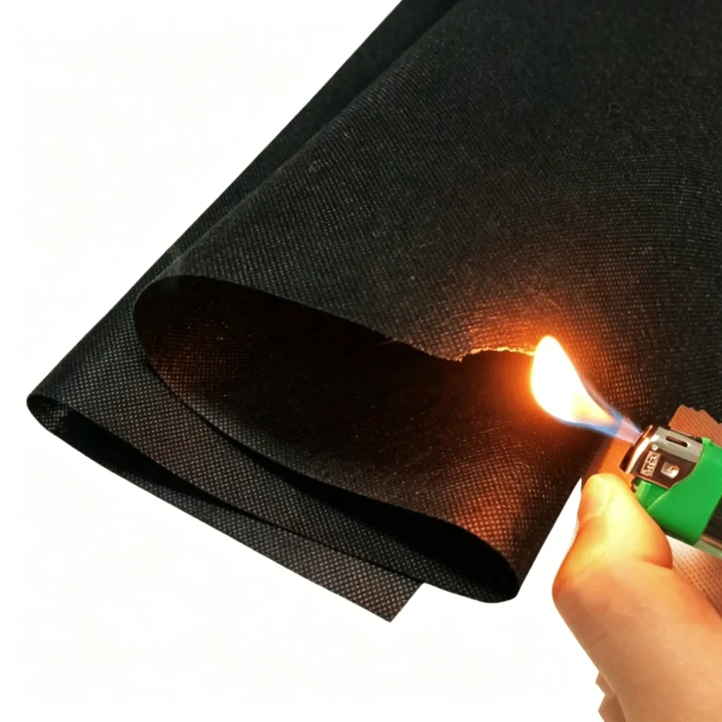 Black flame resistant PET spunbond non-woven fabric, burning test showing self-extinguishing property for furniture fireproof application