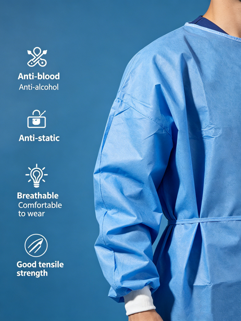 Icons of six key requirements for surgical gown nonwoven: fluid resistance, alcohol resistance, antistatic, breathability, comfort, tensile strength
