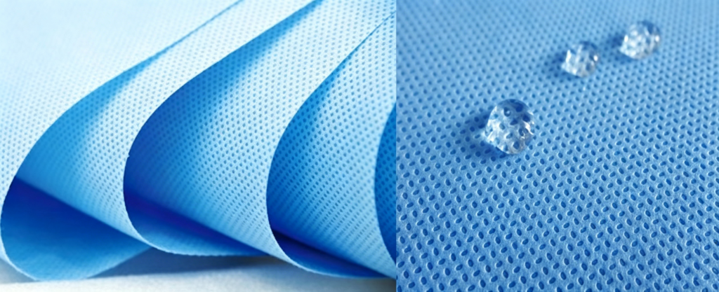 Blue SMS medical non-woven fabric for single-use surgical instrument sterilization wraps, showing water repellency and textured surface