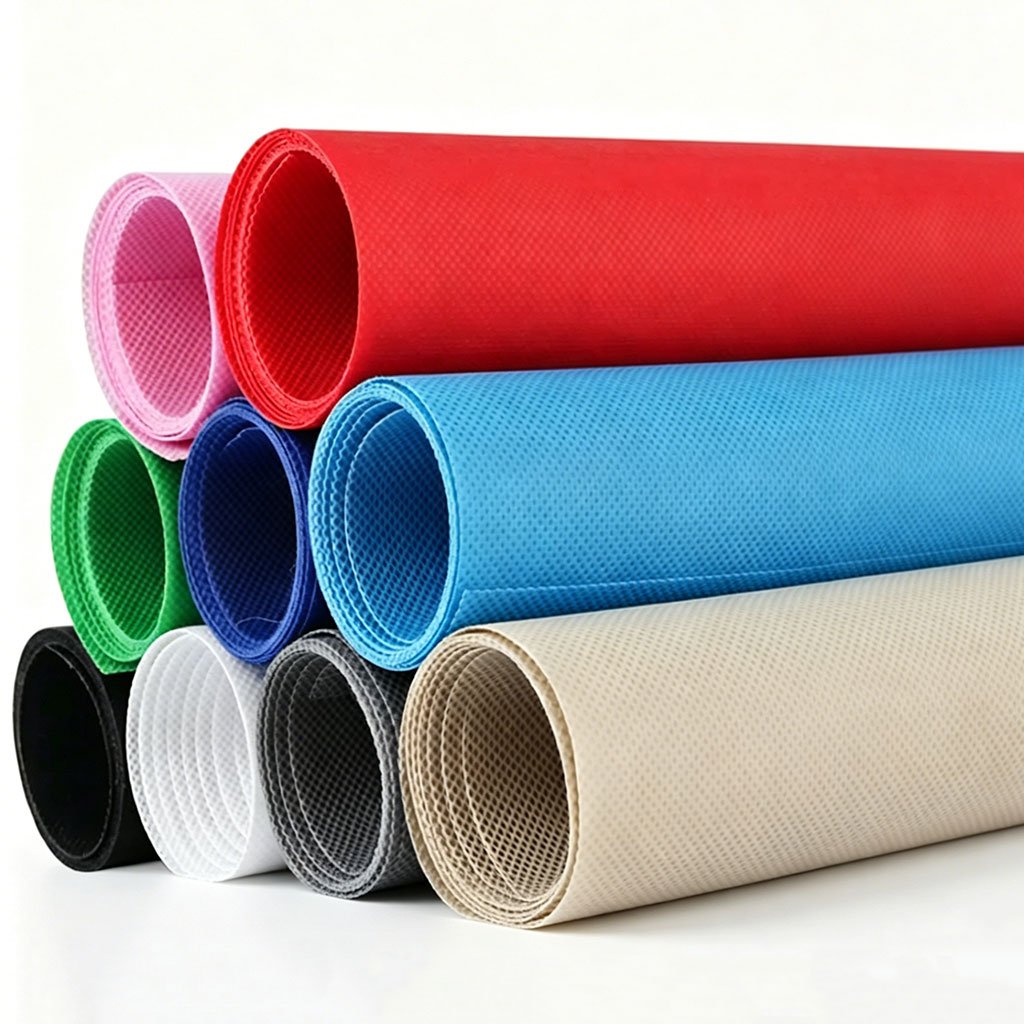 PET spunbond nonwoven fabric rolls in 9 colors pink red gray royal blue light blue black white green beige stacked together