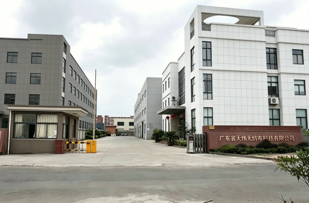 Takewind nonwoven fabric source factory gate, Guangdong. Left security booth, right stone plaque reading 'Guangdong Takewind Nonwoven Technology Co., Ltd.', white three-story office building, grey production workshop with clean driveway.