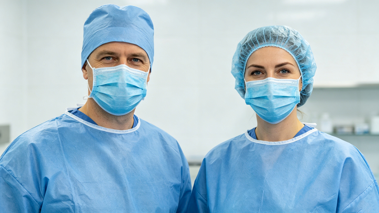 Healthcare worker wearing SMS nonwoven surgical gown and cap