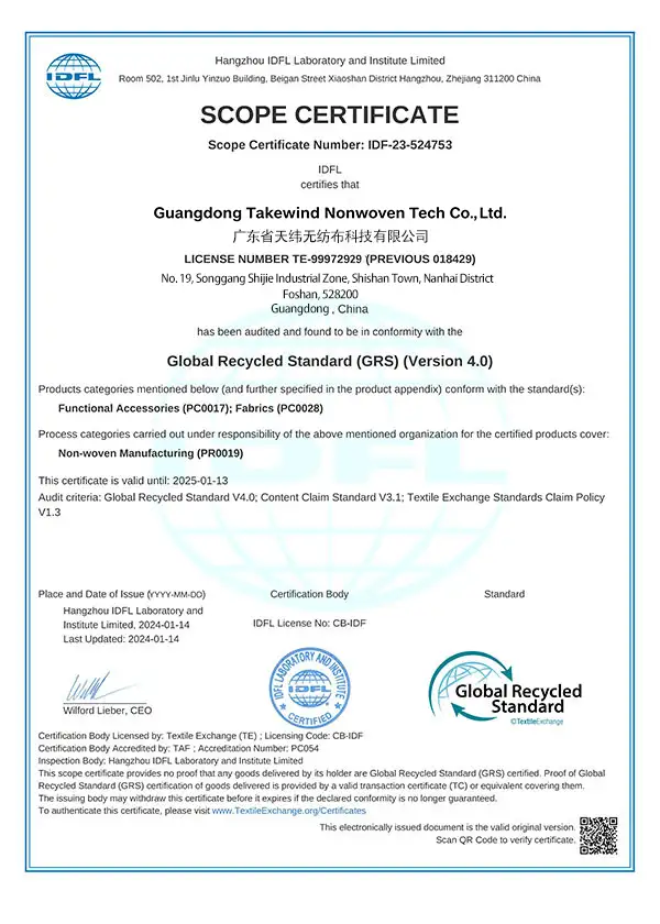GRS Scope Certificate for Guangdong Takewind Nonwoven Tech Co., Ltd. – Global Recycled Standard Version 4.0 certification.