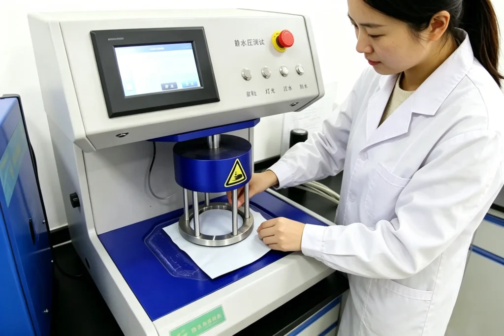 Female QC inspector wearing white lab coat performing hydrostatic pressure test on white non-woven fabric with hydrostatic pressure tester inside Takewind non-woven factory laboratory