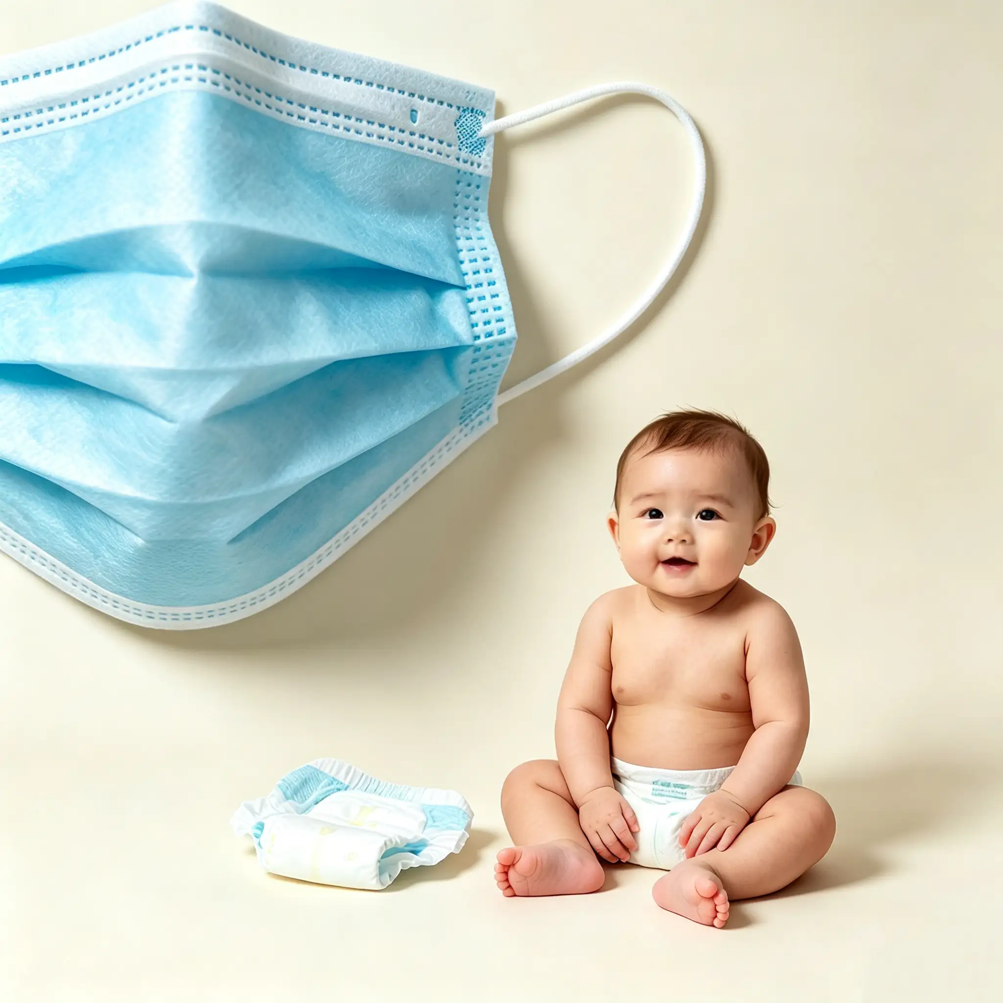 Alt="Disposable blue medical mask, sitting baby and disposable diaper, typical end products of SS SMS SMSF SMSS hygiene & medical non-woven fabric, showing nonwoven material application in personal hygiene protection"