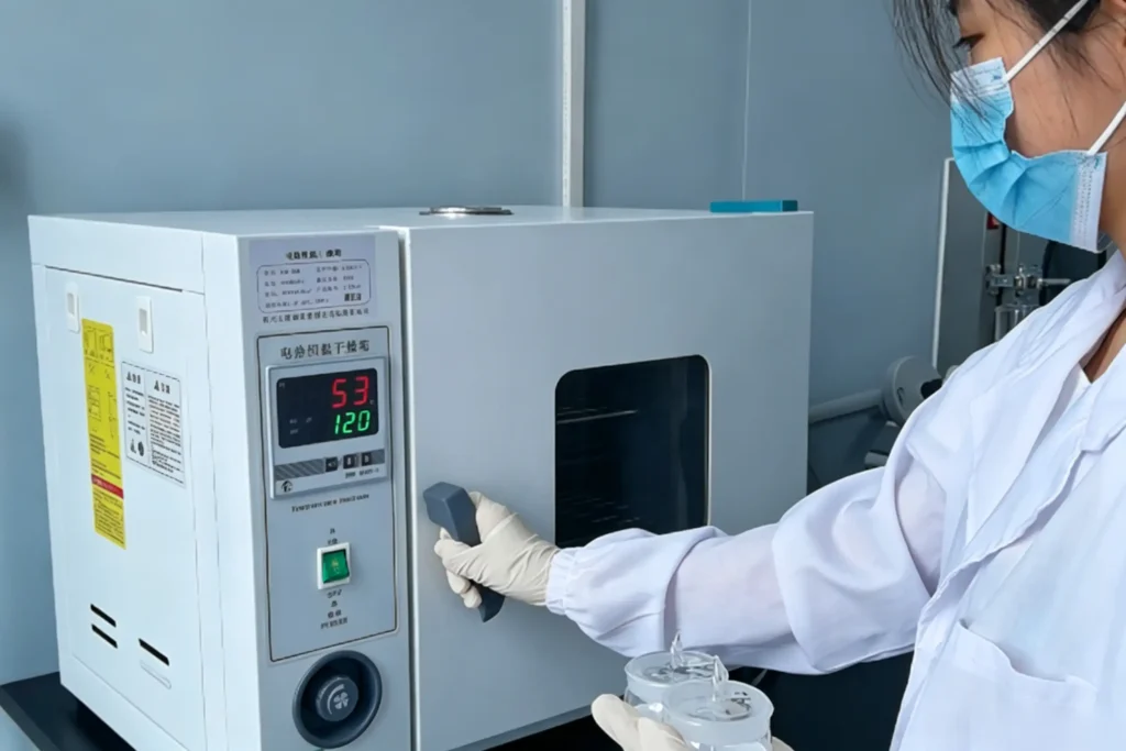 Lab technician operating electrothermal constant temperature drying oven for bacteria test on medical non-woven fabric inside Takewind non-woven factory quality control laboratory