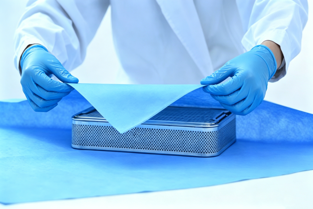 Healthcare worker in blue nitrile gloves wrapping a sterile instrument tray with blue SMS non-woven sterilization wrap