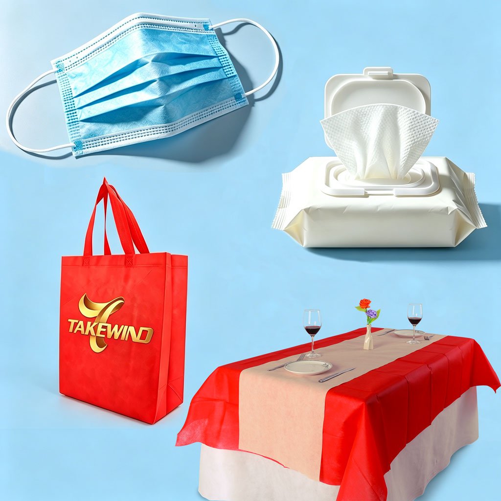 Display of four nonwoven finished products - face mask, wet wipe, eco-friendly shopping bag, and disposable tablecloth
