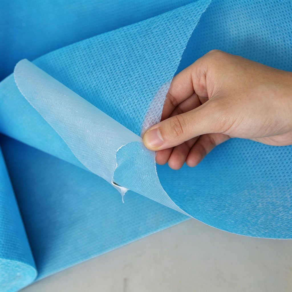 A person manually peeling the blue PE film layer from a roll of laminated nonwoven fabric, demonstrating the material's composite structure.