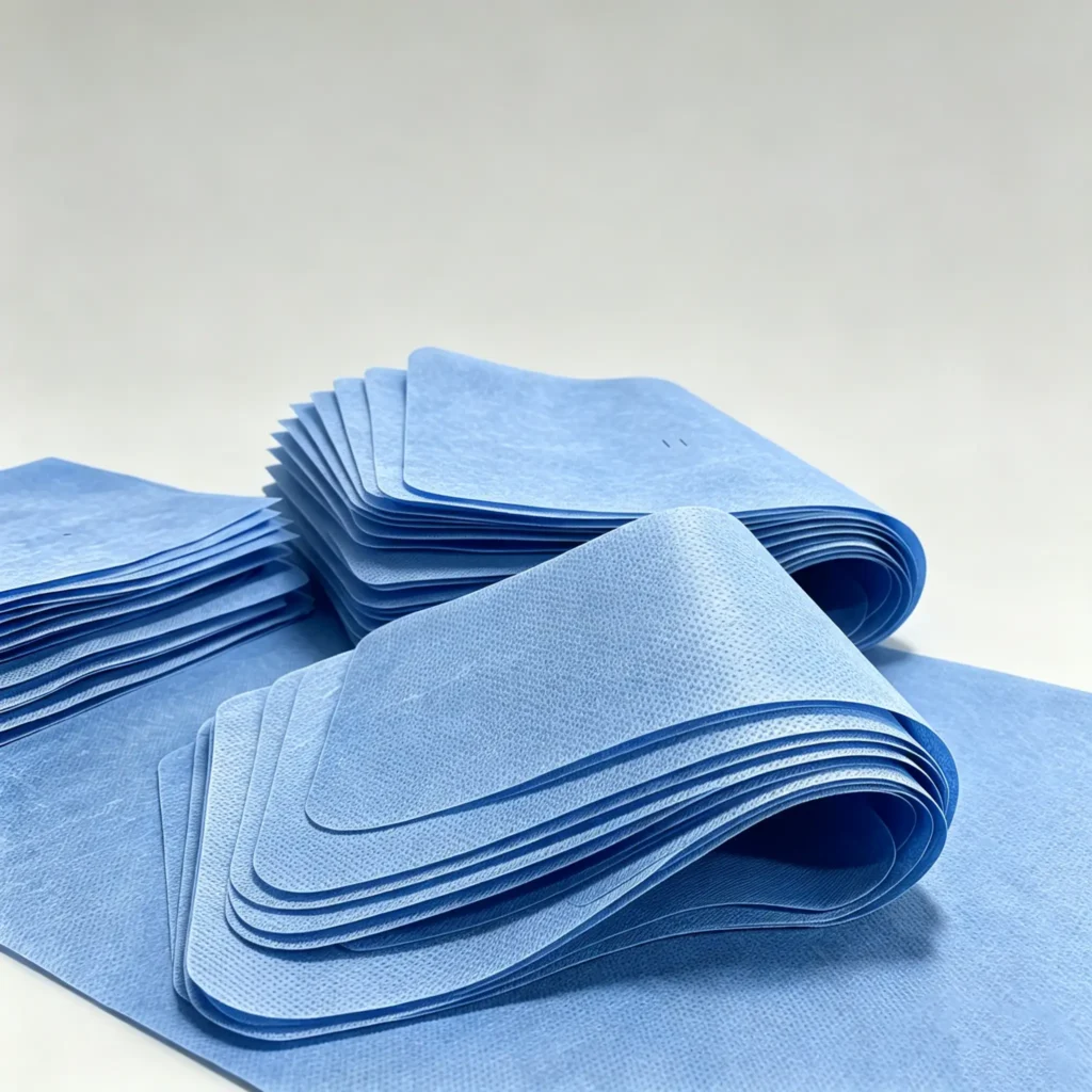 Stacked pre-cut blue PET spunbond non-woven pieces, customized shape die cutting finished products