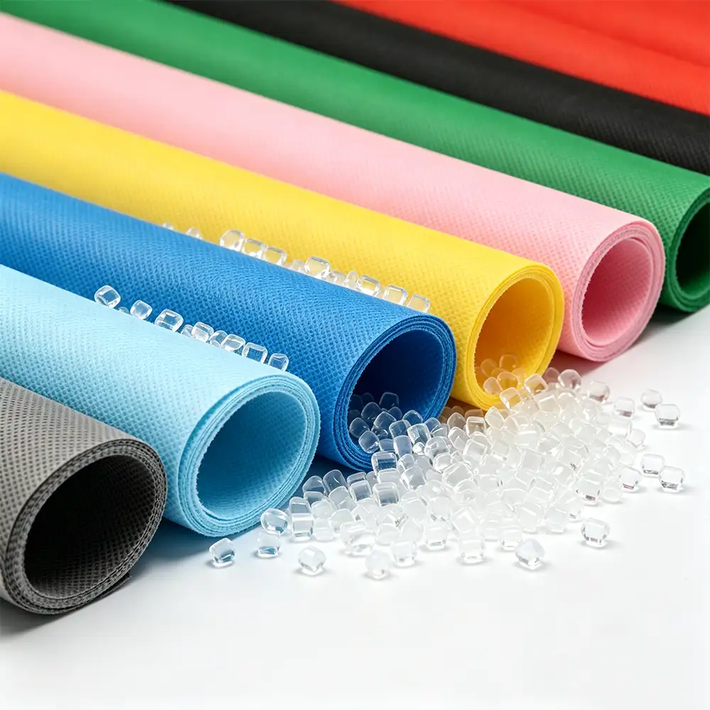 Vibrant multi-color rolls of Takewind PET spunbond nonwoven fabric with abundant transparent PET resin pellets placed around, illustrating high-grade PET raw material source, stable production craftsmanship, premium fabric quality, mature manufacturing experience from Guangdong Takewind Non Woven Co., Ltd.
