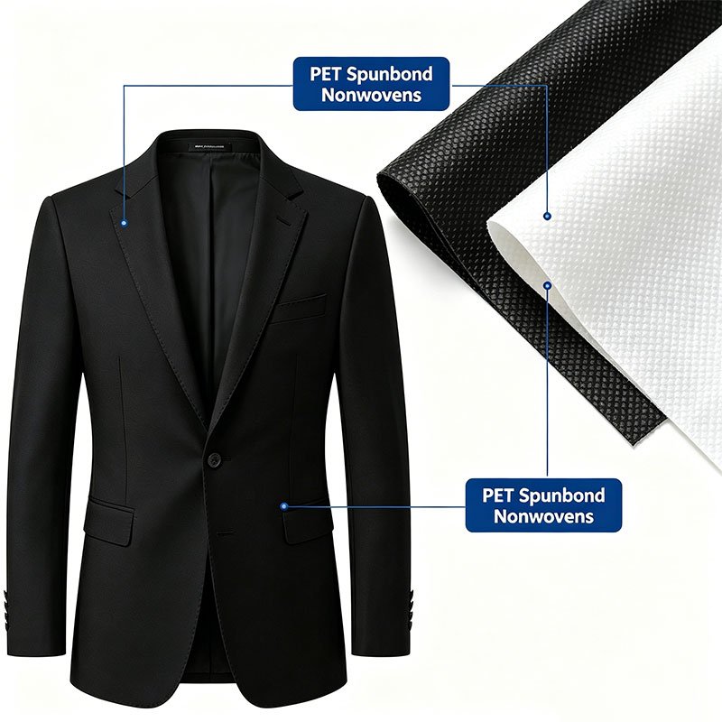 Black formal suit paired with black & white PET spunbond nonwoven samples, marked lines showing nonwoven fabric applied as interlining for suit lapel, cuffs and pocket openings