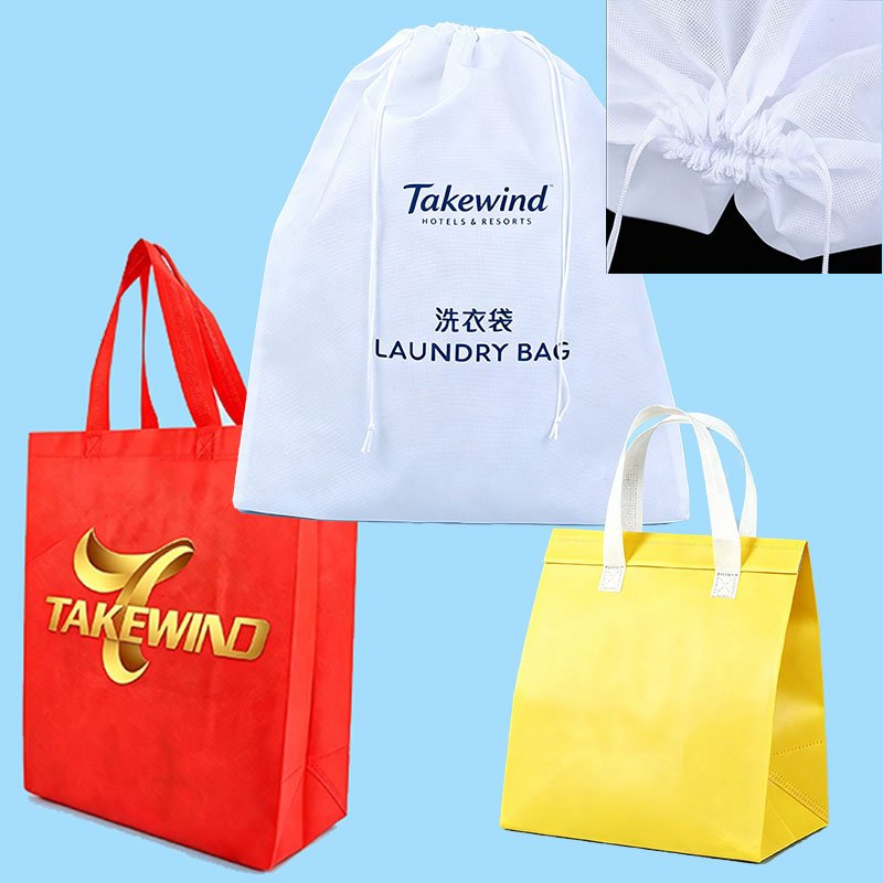 Assortment of PET spunbond nonwoven finished products including heat transfer printed tote bag, food takeaway bag, drawstring laundry bag, showing wide packaging application of nonwoven fabric