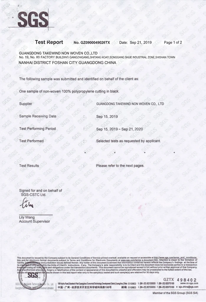 SGS official test report No.GZ0900049026TX dated Sep 21 2019 for Guangdong Takewind Non Woven black 100% polypropylene cut nonwoven sample, sample received Sep 15 2019, customized item testing, issued by SGS-CSTC Guangzhou laboratory