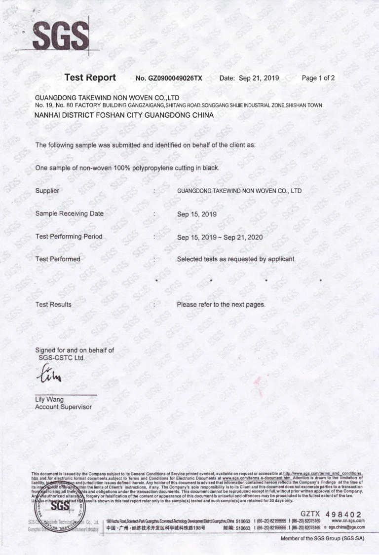 SGS official test report No.GZ0900049026TX dated Sep 21 2019 for Guangdong Takewind Non Woven black 100% polypropylene cut nonwoven sample, sample received Sep 15 2019, customized item testing, issued by SGS-CSTC Guangzhou laboratory