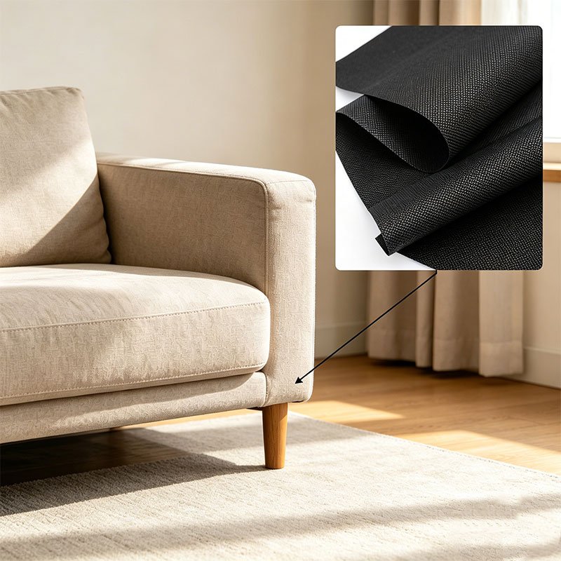 Fabric schematic pointing to sofa bottom, illustrating black PET spunbond nonwoven used as sofa base lining with high tensile strength and anti-aging performance