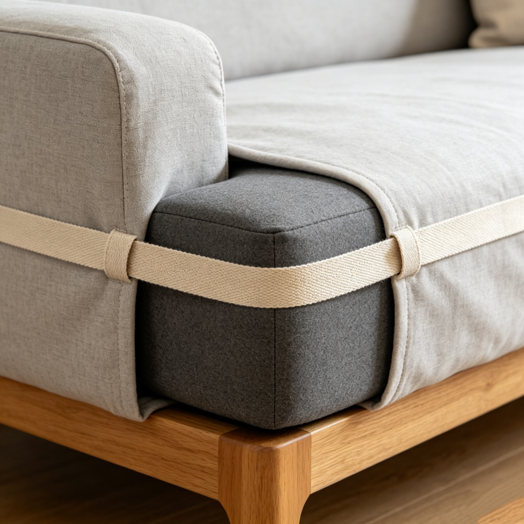 Sofa cover with sewn-in strap fastening around cushion to sofa wooden frame