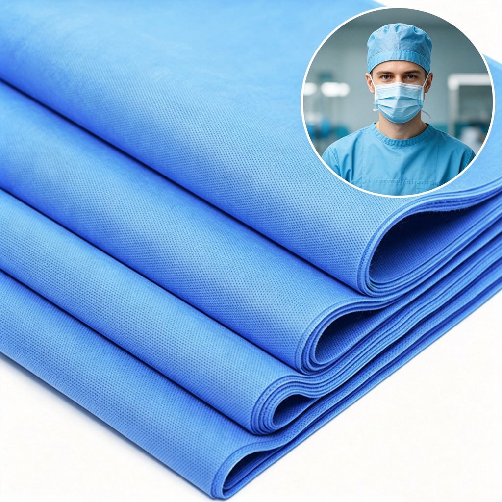 Four stacks of blue medical nonwoven fabric piled together, with a circular badge in the upper right corner featuring a doctor in surgical attire, symbolizing medical-grade nonwoven fabric.