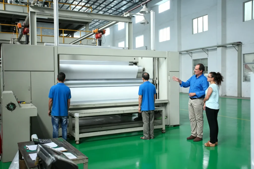 German customers visiting and auditing Takewind nonwoven workshop, inspecting PP spunbond, PET spunbond, needle punched, spunlace, melt-blown and medical nonwoven production line