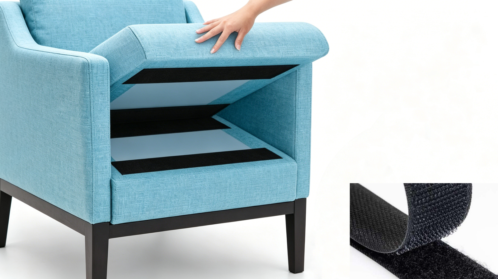 Blue sofa with cushion lifted, showing black Velcro hook strips installed on the sofa base; right side shows close-up of Velcro loop side laminated with anti-slip nonwoven fabric to prevent cushion sliding