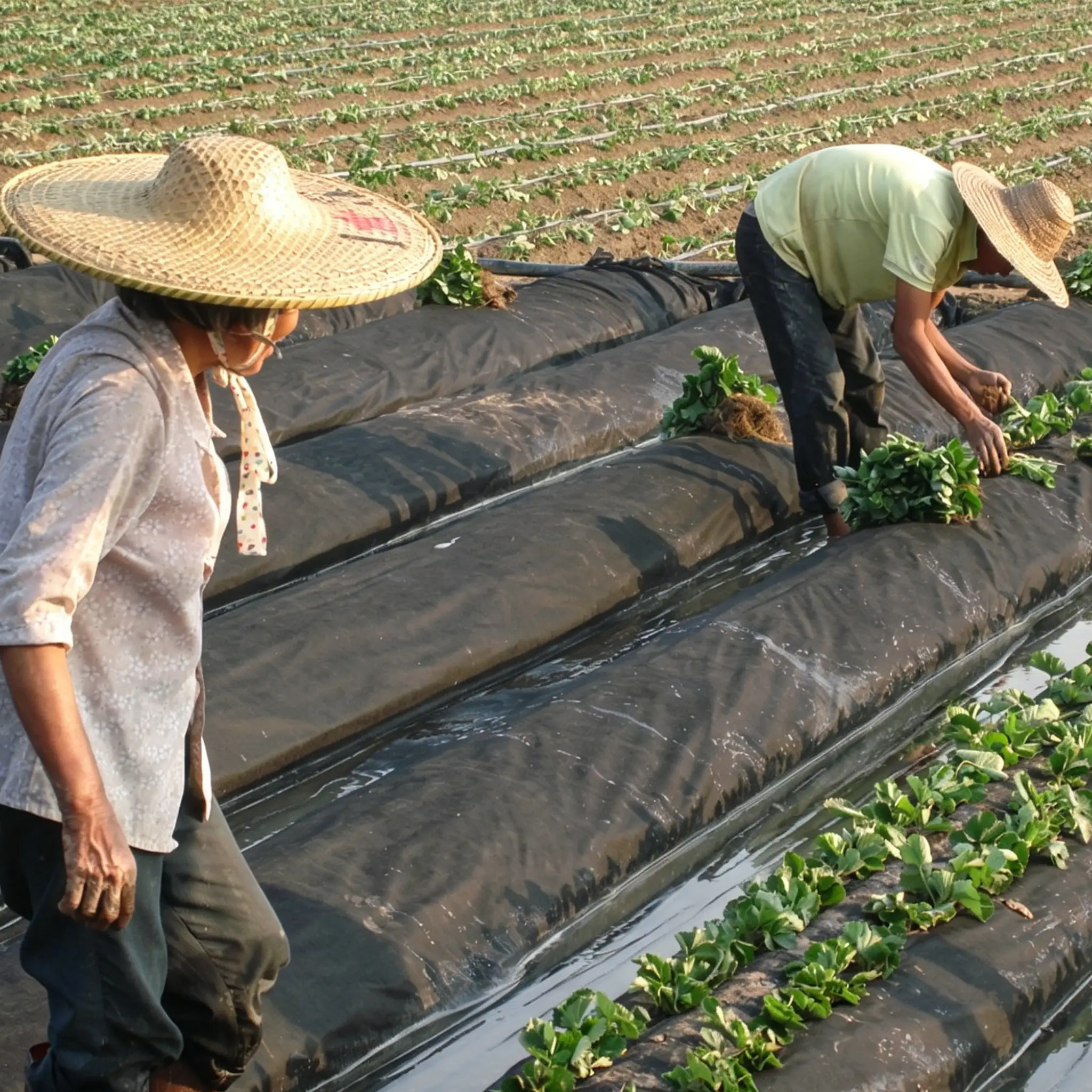 Alt="Farmers planting strawberries with black weed barrier nonwoven fabric laid on field, application scene of S, SS, PP spunbond, needle punched agricultural nonwoven fabric for weed suppression, seedling raising, heat preservation and cold protection in greenhouse planting"